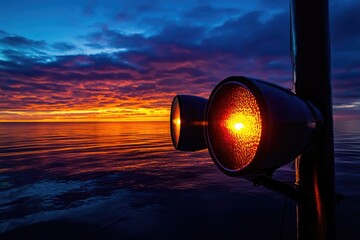 Poster - A traffic light sitting on top of a pole overlooking the ocean, with waves crashing in the background