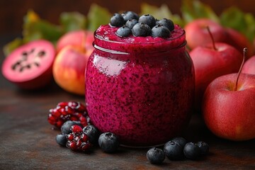 Poster - A glass jar filled with blueberry smoothie sitting next to various fruits, perfect for a quick snack or breakfast on-the-go