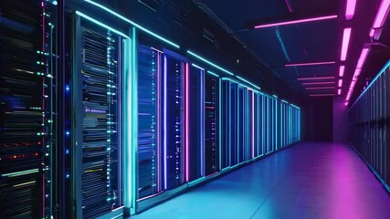 Aufkleber - Row of illuminated server racks in modern data center showcasing vibrant blue and purple lighting, A row of server racks in a data center with a blue and purple neon glow