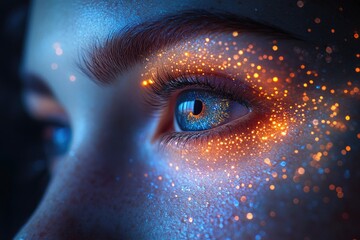 Poster - A detailed shot of an eye with sparkly glitter applied, suitable for use in beauty or fashion contexts