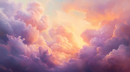 Wall Mural - Ethereal cloudscape with soft billowing pastel clouds in shades of pink lavender and peach dreamy sky background with subtle light rays filtering through. Heavenly. Illustration