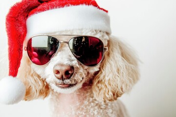 Aufkleber - A playful poodle wearing sunglasses and a Santa hat, perfect for holiday ads or social media posts