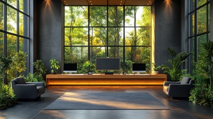 Aufkleber - Modern office space with large windows and greenery, designed for productivity and relaxation.