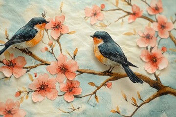 Wall Mural - Two birds perched on a tree branch