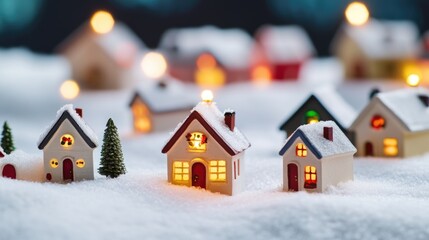 Poster - Miniature houses on a snowy ground, perfect for winter scenes or holiday decorations