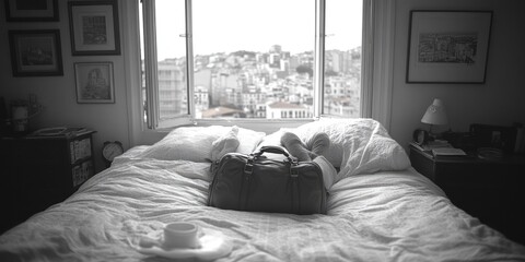 Poster - A person lays on a bed surrounded by a suitcase and packing items