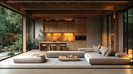 Poster - Modern, open-concept living space with wooden elements and natural light.