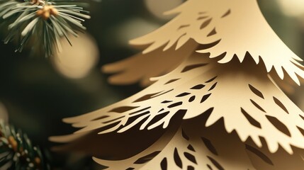 Poster - A detailed view of a paper Christmas tree decorated with ornaments and lights