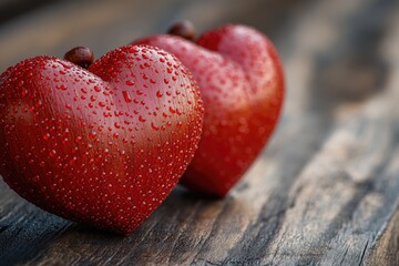 Poster - A pair of ripe red apples sit on a wooden table, perfect for still life photography or as a prop in various scenes