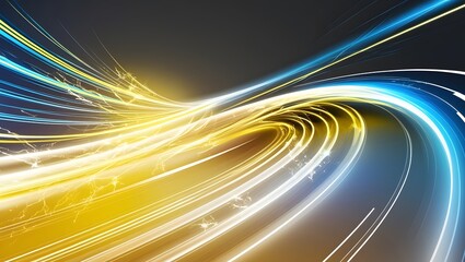 Poster - Abstract light lines of motion and speed with sparks of blue and yellow color. Light everyday luminous effect. Semicircular wave.