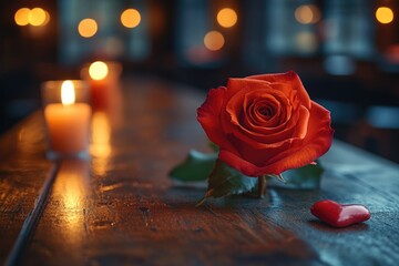 Poster - A single red rose sits atop a wooden table in a simple yet elegant setting, perfect for romantic occasions or as a symbol of love