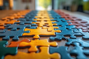 Poster - A close-up shot of a single puzzle piece on a table, ready to be placed into its matching slot