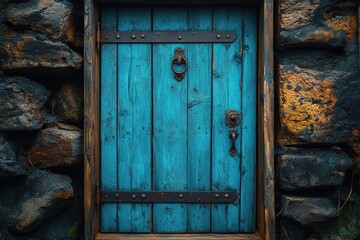 Poster - A wooden door with a metal handle, depicted in blue colors