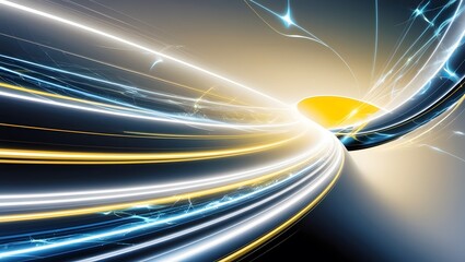 Poster - Abstract light lines of motion and speed with sparks of blue and yellow color. Light everyday luminous effect. Semicircular wave.