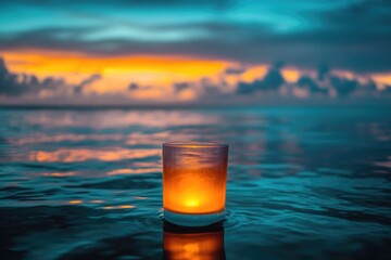 Poster - A single lit candle floating on calm water, perfect for use in spiritual or introspective scenes