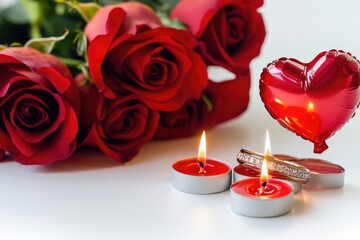 Poster - A romantic setting with two candles and a heart shaped balloon, perfect for valentines day or anniversary