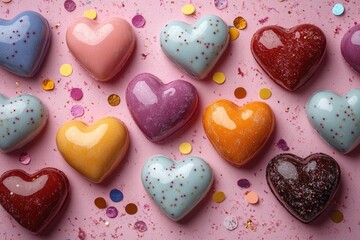 Poster - A collection of heart-shaped candies arranged on a bright pink surface, perfect for decorating desserts or parties