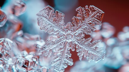 Aufkleber - A close-up view of a single snowflake on a vibrant red background, perfect for use in winter-themed designs and illustrations