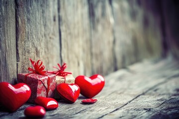 Poster - A pair of red hearts sitting beside a wooden wall, simple and elegant