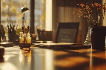 Poster - A simple office setup featuring a laptop and a vase of flowers on a desk
