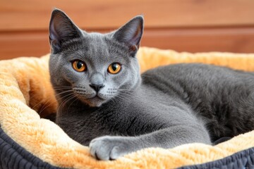Aufkleber - A gray cat resting in a cozy cat bed
