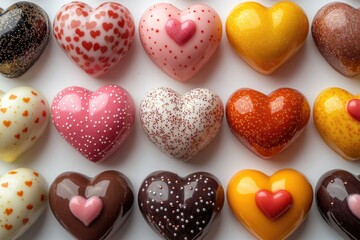 Poster - Assorted heart shaped chocolates on a white surface, great for food photography or advertising