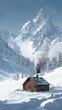 © Tuachan - Tranquil Snowy Landscape Featuring a Charming Wooden Cabin with Smoke Puffing from the Chimney Surrounded by Majestic Mountains and Snowy Forests