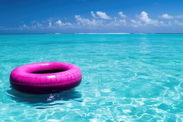 Poster - A pink inflatable floating tube in the ocean, perfect for illustrations and designs related to relaxation, leisure, or water activities
