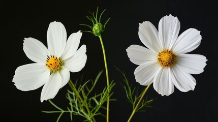 Poster - A pair of white flowers sit side by side on a surface, their delicate petals and stems a beautiful sight