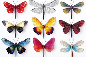 Poster - Group of colorful butterflies on a white surface, great for background or decoration