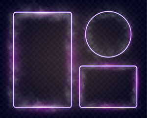 Poster - Neon smoke banner vector collection featuring glowing purple neon shapes including hexagon, rectangle, triangle, circle, heart, and other frames on dark transparent background.