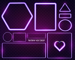 Poster - Neon banner vector collection featuring glowing purple neon shapes including hexagon, rectangle, triangle, circle, heart, and other frames on dark transparent background.
