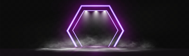 Poster - Futuristic minimal purple neon light hexagon frame background template with glowing lines on dark transparent backdrop. Perfect for modern design, tech visuals, banners, and creative projects.