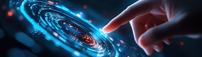 Poster - A hand interacts with a glowing, futuristic interface representing digital innovation.