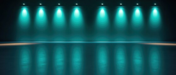 Poster - A modern studio space with teal lighting and a reflective floor surface.