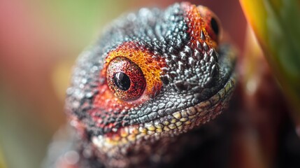 Poster - A close-up view of a lizard's face with a nearby plant, great for nature or wildlife photography