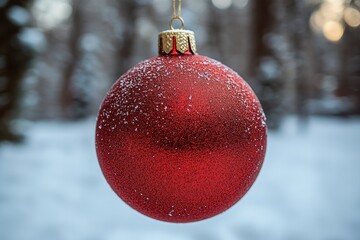 Aufkleber - A bright red ornament hangs from a tree branch covered in snow