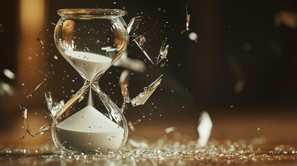 Poster - Shattering time an hourglass fragmented floating sand indoor setting macro perspective concept of transience
