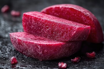 Poster - A close-up shot of a sliced beet on a table, ideal for use in food photography or as a prop in still life compositions