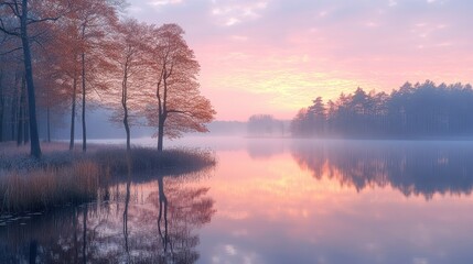 Poster - Serene lake at dawn, surrounded by trees and mist, reflecting soft colors of sunrise.