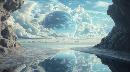 Poster - Dreamlike digital art a surreal landscape of clouds and reflections in an ethereal environment