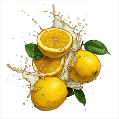 Aufkleber - Bright yellow lemons with green leaves are splashed with juice, creating dynamic and refreshing citrus explosion. vibrant composition highlights freshness and energy