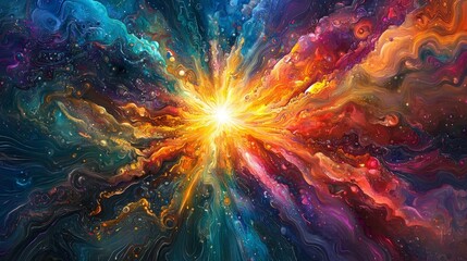 Poster - Colorful light waves emanating from a bright dot cosmic explosion abstract art digital space vibrant universe