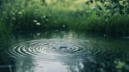 Poster - Droplet expansion creating ripples in a serene pond nature photography tranquil environment close-up view