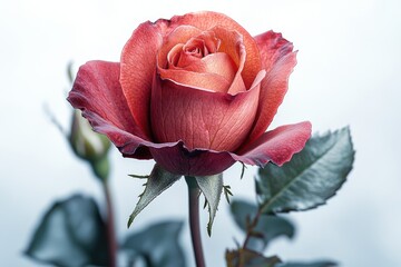 Poster - A single red rose with green leaves on a white background, perfect for romantic or elegant compositions