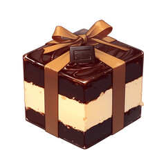 Poster - glossy chocolate syrup gift box with ribbon, featuring layers of rich chocolate and cream, isolated on white background. Perfect for special occasions and celebrations
