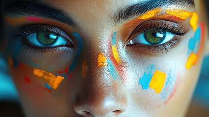 Poster - Portrait of a woman with vibrant, hand-painted designs on her face