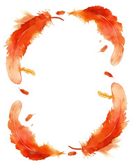 Aufkleber - Vibrant orange feathers form elegant photo frame on white background, creating striking and artistic border. dynamic arrangement of feathers adds sense of movement and creativity