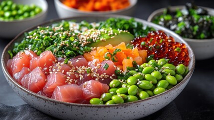 Poster - A colorful and abundant food bowl filled with various dishes, perfect for use in editorial or commercial projects