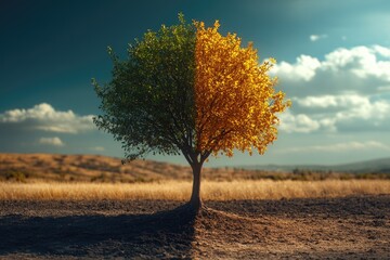 Aufkleber - A single tree standing alone in a green field against a clear blue sky